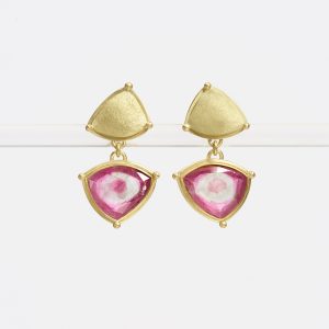 18 carat gold earstuds with watermelon tourmaline drops