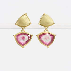 18 carat gold earstuds with watermelon tourmaline drops