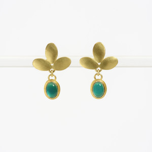 18 carat gold ‘foliate’ earstuds with oval blue tourmaline cabochon drops