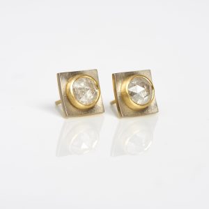 18 carat white and yellow gold square earstuds with rosecut ‘snowflake’ diamonds 18 carat white and yellow gold square earstuds with rosecut ‘snowflake’ diamonds