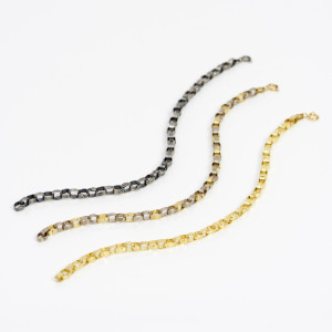 ‘Paperchain’ bracelets – oxidised silver; yellow and white gold; yellow gold