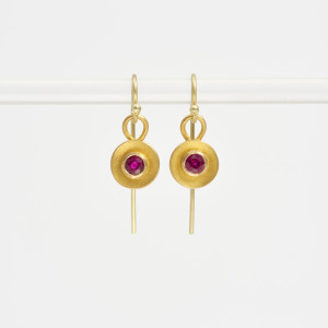 Round 22 carat gold eardrops with round facetted rubies and 18 carat gold earwires